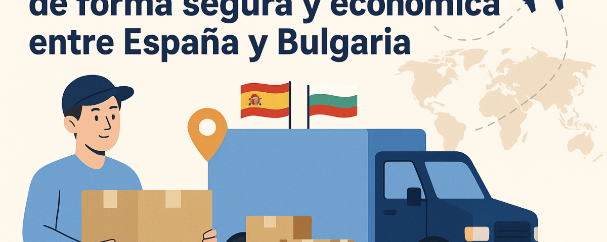Ilustración de un repartidor con cajas, una furgoneta de transporte, banderas de España y Bulgaria, y un mapa mundial de fondo, representando el envío internacional.