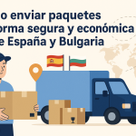 Ilustración de un repartidor con cajas, una furgoneta de transporte, banderas de España y Bulgaria, y un mapa mundial de fondo, representando el envío internacional.