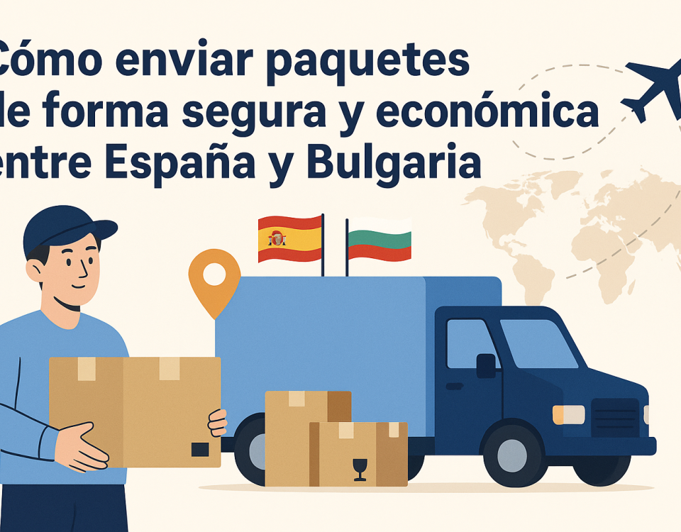 Ilustración de un repartidor con cajas, una furgoneta de transporte, banderas de España y Bulgaria, y un mapa mundial de fondo, representando el envío internacional.
