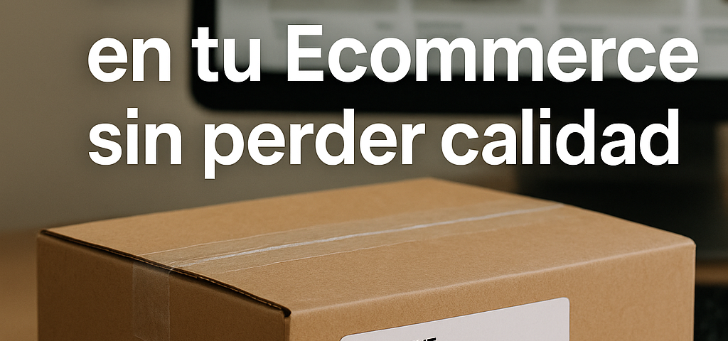 Caja de cartón con etiqueta de envío sobre un escritorio y fondo de tienda online en pantalla de ordenador.