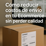 Caja de cartón con etiqueta de envío sobre un escritorio y fondo de tienda online en pantalla de ordenador.