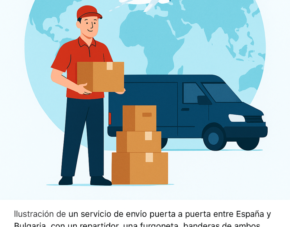 Ilustración de un repartidor con paquetes, una furgoneta azul, banderas de España y Bulgaria, y un avión sobre un mapa del mundo.