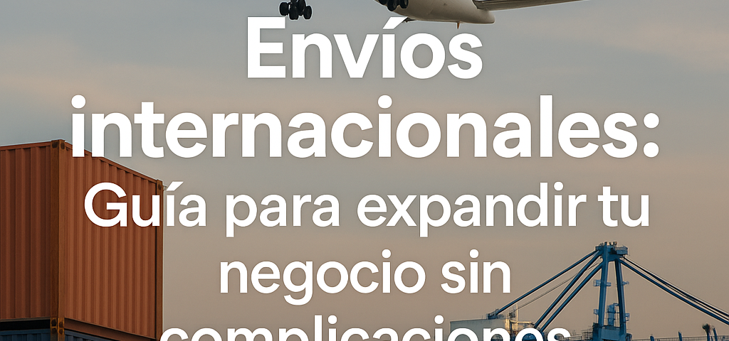 Avión de carga despegando sobre un puerto con contenedores y grúas, acompañado del texto “Envíos internacionales: Guía para expandir tu negocio sin complicaciones”.