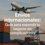 Avión de carga despegando sobre un puerto con contenedores y grúas, acompañado del texto “Envíos internacionales: Guía para expandir tu negocio sin complicaciones”.