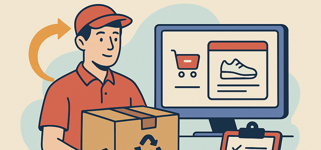 Ilustración plana que muestra a un repartidor con una caja con símbolo de reciclaje, un monitor con una tienda online y una hoja de checklist, con el logo de NXTP.es.