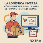 Ilustración plana que muestra a un repartidor con una caja con símbolo de reciclaje, un monitor con una tienda online y una hoja de checklist, con el logo de NXTP.es.