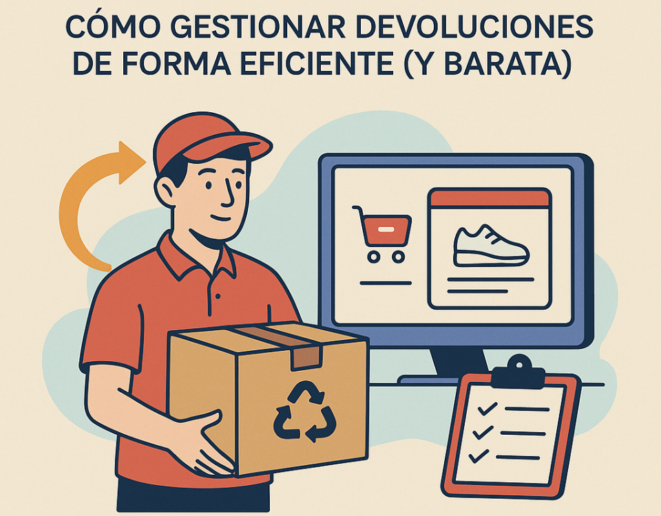 Ilustración plana que muestra a un repartidor con una caja con símbolo de reciclaje, un monitor con una tienda online y una hoja de checklist, con el logo de NXTP.es.