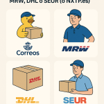 Infografía comparativa en ilustración plana que muestra a mensajeros y logotipos de Correos, MRW, DHL, SEUR y NXTP.es.
