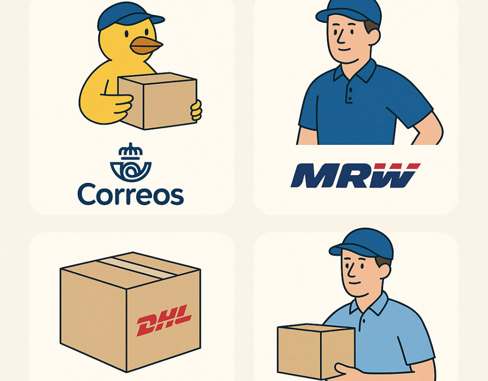 Infografía comparativa en ilustración plana que muestra a mensajeros y logotipos de Correos, MRW, DHL, SEUR y NXTP.es.