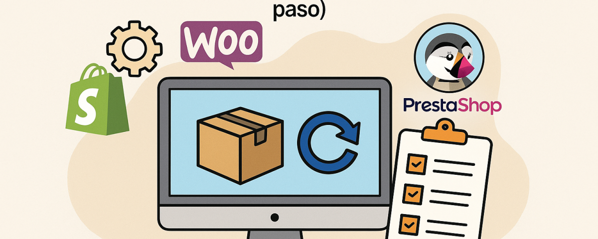 Ilustración plana que muestra integración de NXTP.es con Shopify, WooCommerce y PrestaShop, con monitor, caja de paquete, icono de sincronización, logos de las plataformas y logo NXTP.es.