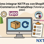 Ilustración plana que muestra integración de NXTP.es con Shopify, WooCommerce y PrestaShop, con monitor, caja de paquete, icono de sincronización, logos de las plataformas y logo NXTP.es.
