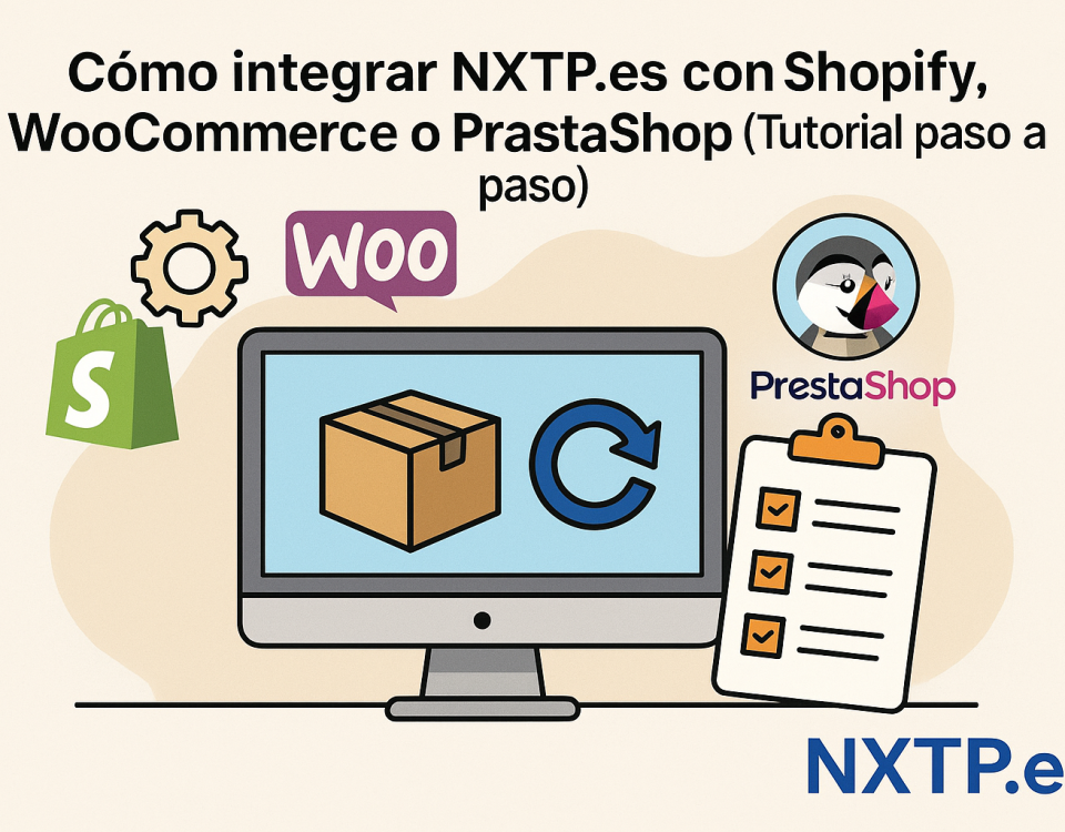 Ilustración plana que muestra integración de NXTP.es con Shopify, WooCommerce y PrestaShop, con monitor, caja de paquete, icono de sincronización, logos de las plataformas y logo NXTP.es.