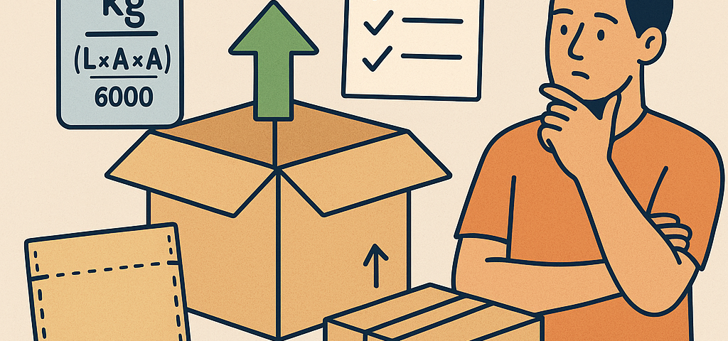 Ilustración plana que muestra diferentes tipos de embalaje (caja, sobre acolchado, paquete) junto a la fórmula del peso volumétrico, checklist y logo NXTP.es, para optimizar envíos.