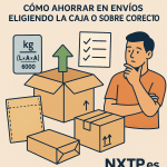 Ilustración plana que muestra diferentes tipos de embalaje (caja, sobre acolchado, paquete) junto a la fórmula del peso volumétrico, checklist y logo NXTP.es, para optimizar envíos.
