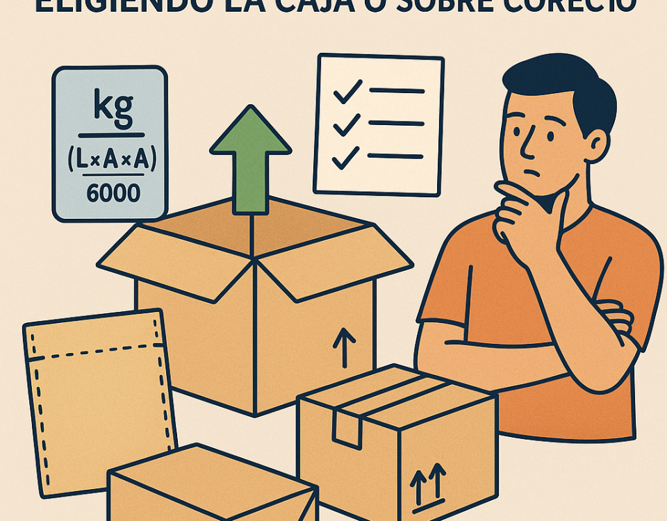 Ilustración plana que muestra diferentes tipos de embalaje (caja, sobre acolchado, paquete) junto a la fórmula del peso volumétrico, checklist y logo NXTP.es, para optimizar envíos.