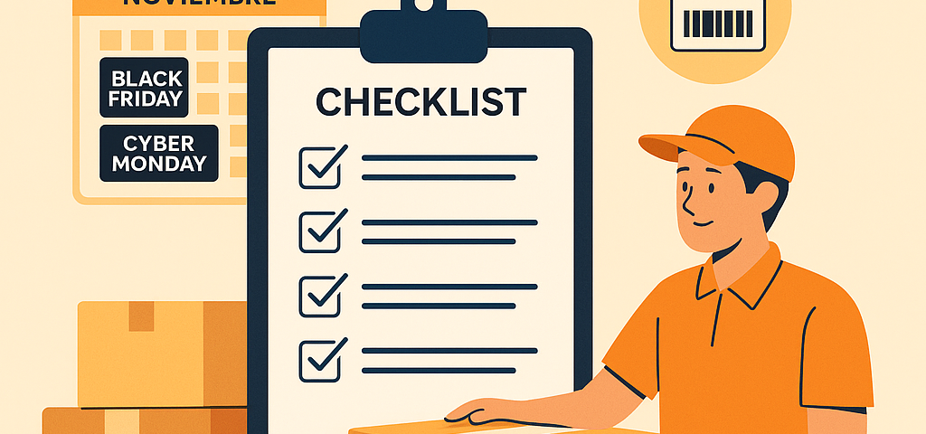 Ilustración plana que muestra un repartidor organizando paquetes con checklist, calendario de Black Friday y Cyber Monday, y elementos logísticos para NXTP.es.