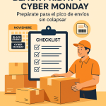 Ilustración plana que muestra un repartidor organizando paquetes con checklist, calendario de Black Friday y Cyber Monday, y elementos logísticos para NXTP.es.