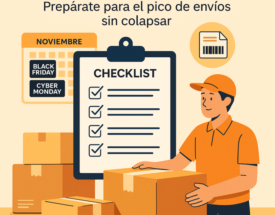 Ilustración plana que muestra un repartidor organizando paquetes con checklist, calendario de Black Friday y Cyber Monday, y elementos logísticos para NXTP.es.