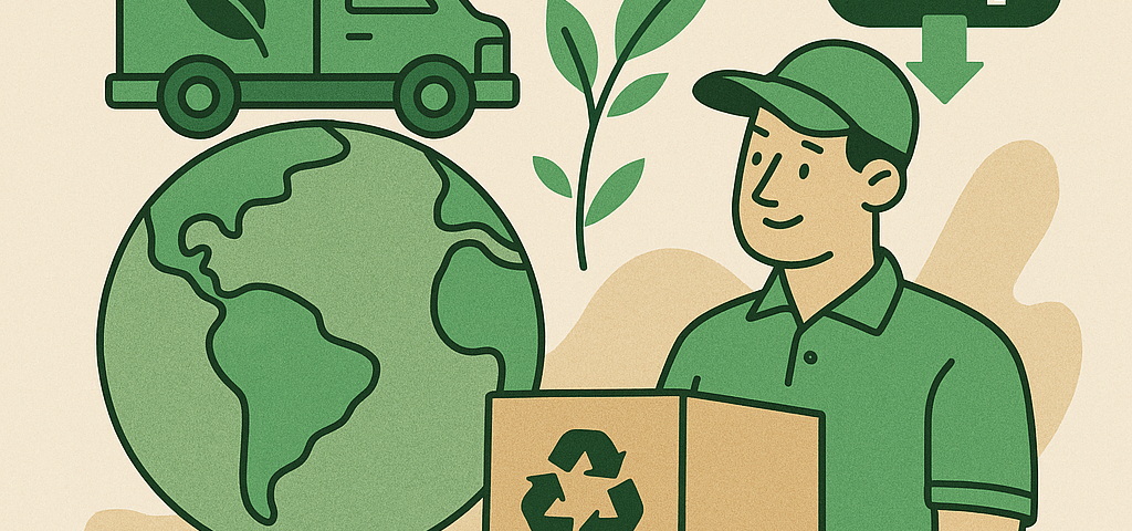 Ilustración plana de logística sostenible con repartidor sosteniendo una caja reciclable, furgoneta eléctrica con hoja verde, globo terráqueo y símbolo de CO₂ reducido.