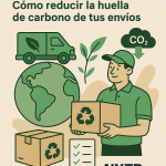 Ilustración plana de logística sostenible con repartidor sosteniendo una caja reciclable, furgoneta eléctrica con hoja verde, globo terráqueo y símbolo de CO₂ reducido.