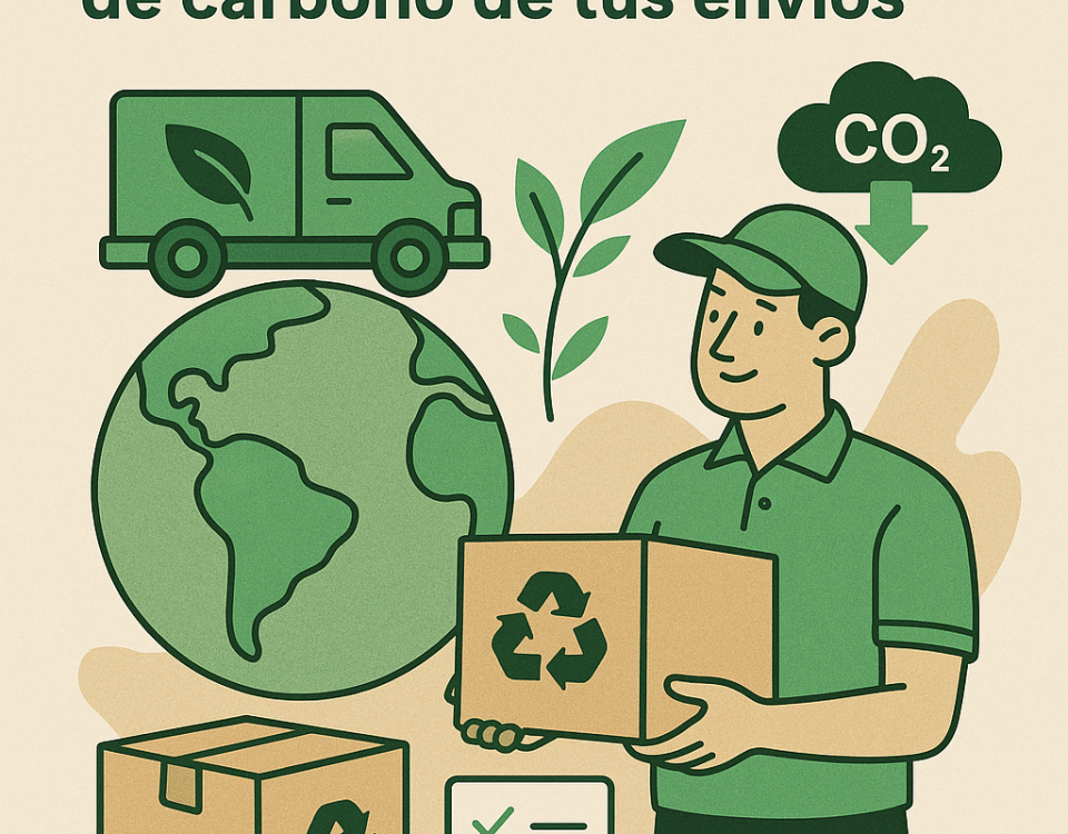 Ilustración plana de logística sostenible con repartidor sosteniendo una caja reciclable, furgoneta eléctrica con hoja verde, globo terráqueo y símbolo de CO₂ reducido.