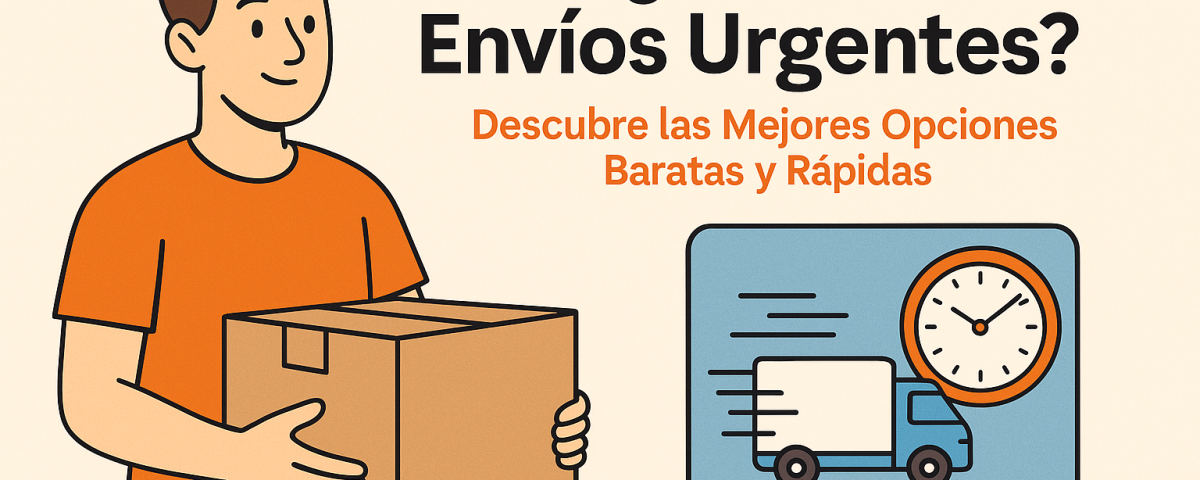 Ilustración plana que muestra a un joven con camiseta naranja sosteniendo una caja, junto a un icono de camión rápido y un reloj, con el texto “¿Necesitas Envíos Urgentes? Descubre las Mejores Opciones Baratas y Rápidas” y logo NXTP.es.