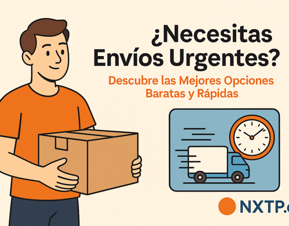 Ilustración plana que muestra a un joven con camiseta naranja sosteniendo una caja, junto a un icono de camión rápido y un reloj, con el texto “¿Necesitas Envíos Urgentes? Descubre las Mejores Opciones Baratas y Rápidas” y logo NXTP.es.