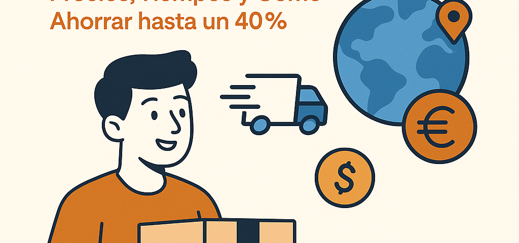 Ilustración plana que muestra a un joven con camiseta naranja sosteniendo una caja, junto a iconos de camión rápido, globo terráqueo y monedas, con el texto “Envío Internacional de Paquetes: Precios, Tiempos y Cómo Ahorrar hasta un 40%” y logo NXTP.es.