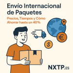 Ilustración plana que muestra a un joven con camiseta naranja sosteniendo una caja, junto a iconos de camión rápido, globo terráqueo y monedas, con el texto “Envío Internacional de Paquetes: Precios, Tiempos y Cómo Ahorrar hasta un 40%” y logo NXTP.es.