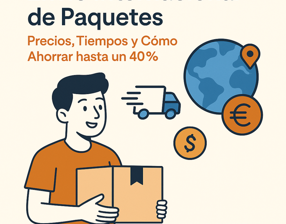 Ilustración plana que muestra a un joven con camiseta naranja sosteniendo una caja, junto a iconos de camión rápido, globo terráqueo y monedas, con el texto “Envío Internacional de Paquetes: Precios, Tiempos y Cómo Ahorrar hasta un 40%” y logo NXTP.es.