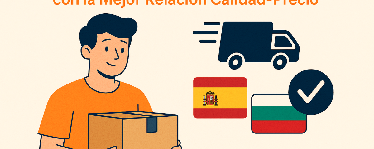 Ilustración plana que muestra a un joven con camiseta naranja sosteniendo una caja, junto a un camión, las banderas de España y Bulgaria, un icono de check y el logo NXTP.es.