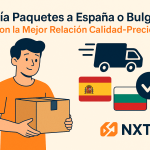Ilustración plana que muestra a un joven con camiseta naranja sosteniendo una caja, junto a un camión, las banderas de España y Bulgaria, un icono de check y el logo NXTP.es.