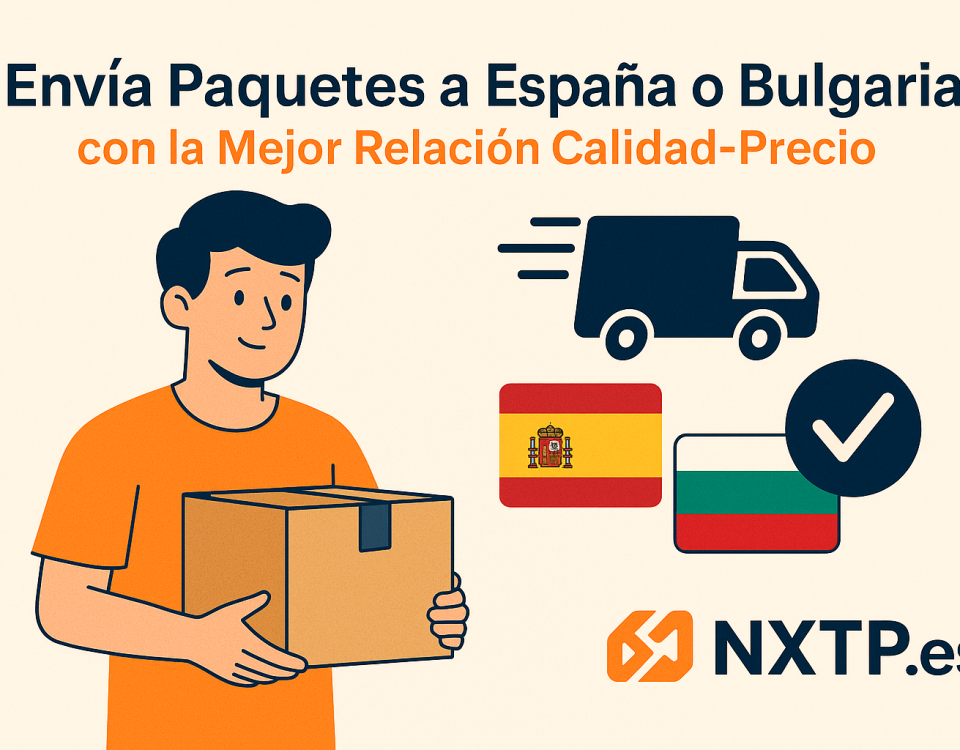 Ilustración plana que muestra a un joven con camiseta naranja sosteniendo una caja, junto a un camión, las banderas de España y Bulgaria, un icono de check y el logo NXTP.es.