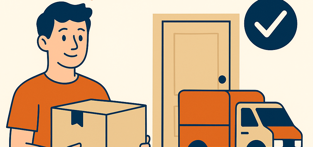 Ilustración plana que muestra a un joven con camiseta naranja sosteniendo una caja frente a una puerta, con un camión naranja estacionado y un icono de check, junto al texto “Envíos Puerta a Puerta: Rápido, Seguro y sin Complicaciones para Particulares” y logo NXTP.es.