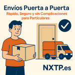 Ilustración plana que muestra a un joven con camiseta naranja sosteniendo una caja frente a una puerta, con un camión naranja estacionado y un icono de check, junto al texto “Envíos Puerta a Puerta: Rápido, Seguro y sin Complicaciones para Particulares” y logo NXTP.es.