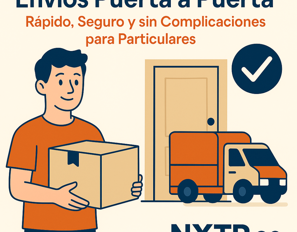Ilustración plana que muestra a un joven con camiseta naranja sosteniendo una caja frente a una puerta, con un camión naranja estacionado y un icono de check, junto al texto “Envíos Puerta a Puerta: Rápido, Seguro y sin Complicaciones para Particulares” y logo NXTP.es.