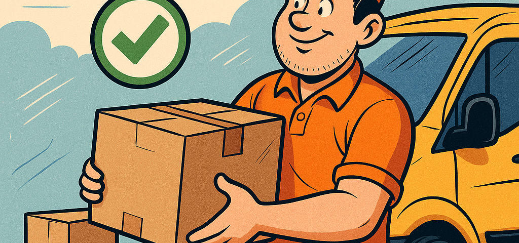 Ilustración cómica de un repartidor sonriente con gorra y camiseta naranja, sosteniendo una caja de cartón frente a una furgoneta amarilla, con un icono de check verde y texto sobre envíos nacionales al mejor precio.