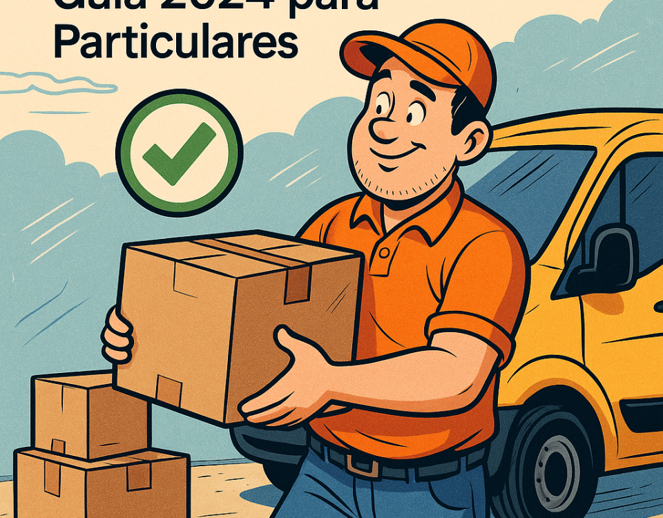 Ilustración cómica de un repartidor sonriente con gorra y camiseta naranja, sosteniendo una caja de cartón frente a una furgoneta amarilla, con un icono de check verde y texto sobre envíos nacionales al mejor precio.
