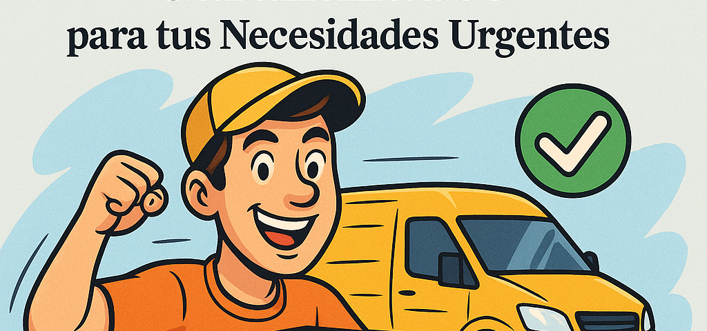Ilustración cómica que muestra a un repartidor sonriente con camiseta naranja y gorra amarilla levantando el puño con entusiasmo, sosteniendo una caja de cartón. De fondo, una furgoneta amarilla en movimiento, un icono de check verde y el logo NXTP.es.