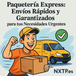 Ilustración cómica que muestra a un repartidor sonriente con camiseta naranja y gorra amarilla levantando el puño con entusiasmo, sosteniendo una caja de cartón. De fondo, una furgoneta amarilla en movimiento, un icono de check verde y el logo NXTP.es.