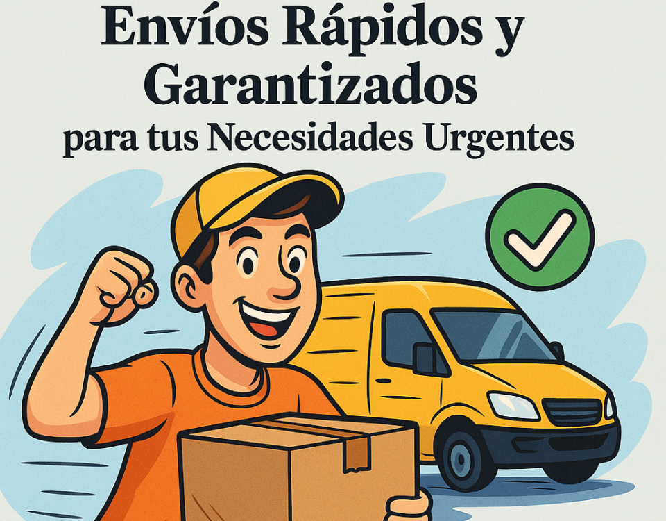 Ilustración cómica que muestra a un repartidor sonriente con camiseta naranja y gorra amarilla levantando el puño con entusiasmo, sosteniendo una caja de cartón. De fondo, una furgoneta amarilla en movimiento, un icono de check verde y el logo NXTP.es.