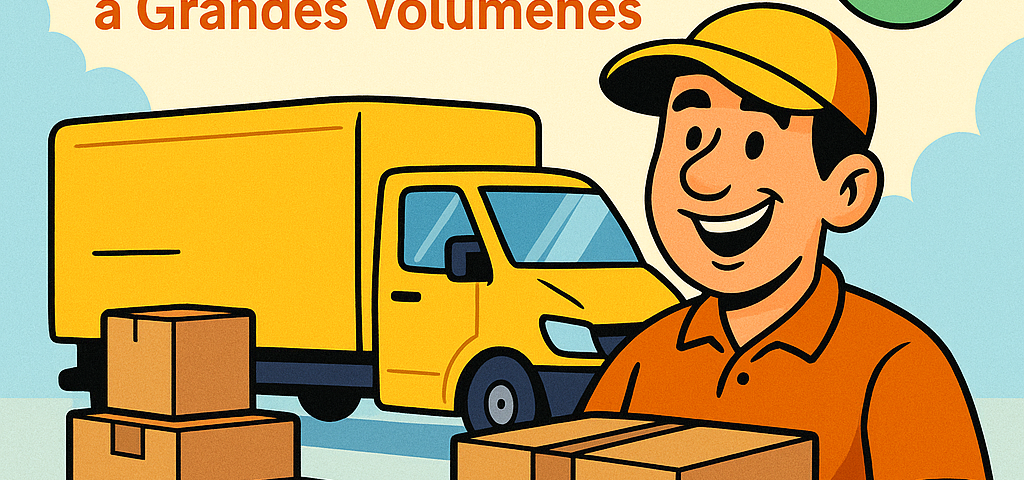 Ilustración cómica que muestra a un repartidor sonriente sosteniendo una caja, con una furgoneta amarilla y varias cajas de cartón en segundo plano. Incluye el texto “Envíos Personalizados para Particulares: Desde Paquetes Pequeños a Grandes Volúmenes” y el logo NXTP.es.