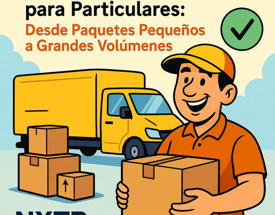 Ilustración cómica que muestra a un repartidor sonriente sosteniendo una caja, con una furgoneta amarilla y varias cajas de cartón en segundo plano. Incluye el texto “Envíos Personalizados para Particulares: Desde Paquetes Pequeños a Grandes Volúmenes” y el logo NXTP.es.