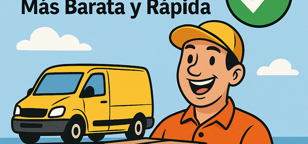 Ilustración cómica que muestra a un repartidor sonriente con gorra y camiseta naranja sosteniendo una caja, con una furgoneta amarilla en movimiento detrás. Incluye un icono de check verde y el logo NXTP.es.