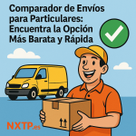 Ilustración cómica que muestra a un repartidor sonriente con gorra y camiseta naranja sosteniendo una caja, con una furgoneta amarilla en movimiento detrás. Incluye un icono de check verde y el logo NXTP.es.