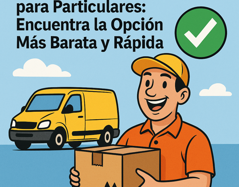 Ilustración cómica que muestra a un repartidor sonriente con gorra y camiseta naranja sosteniendo una caja, con una furgoneta amarilla en movimiento detrás. Incluye un icono de check verde y el logo NXTP.es.