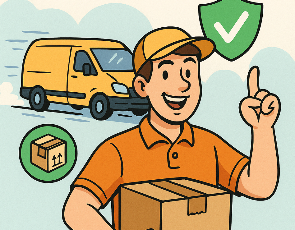 Ilustración cómica que muestra a un repartidor sonriente con uniforme naranja y gorra amarilla sosteniendo una caja, señalando un icono de escudo verde con check, con una furgoneta amarilla en movimiento detrás y el logo NXTP.es.
