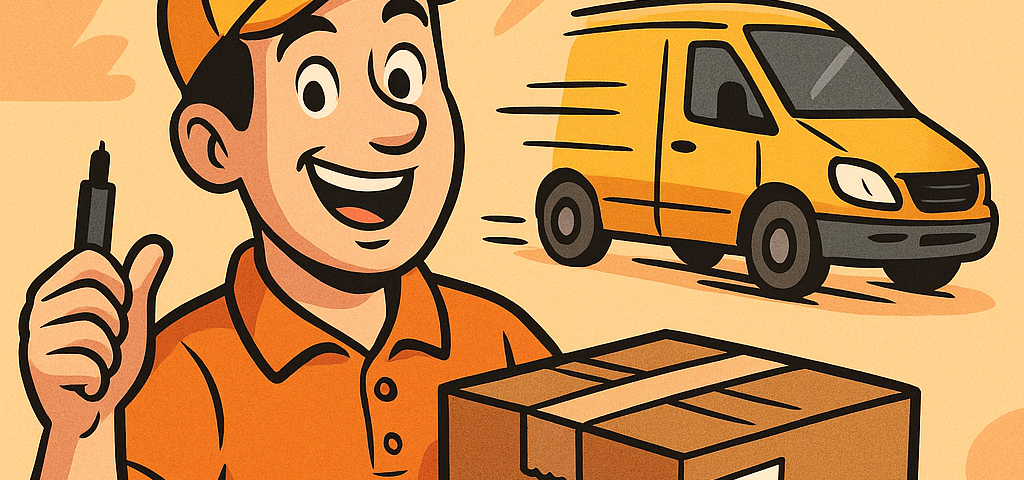 Ilustración en estilo cómic de un repartidor sonriente con uniforme naranja sosteniendo un paquete, acompañado de una furgoneta amarilla en movimiento y el logo NXTP.es.