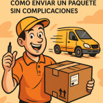 Ilustración en estilo cómic de un repartidor sonriente con uniforme naranja sosteniendo un paquete, acompañado de una furgoneta amarilla en movimiento y el logo NXTP.es.