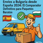Ilustración cómic de NXTP.es mostrando un repartidor sonriente con un paquete, una furgoneta amarilla, banderas de España y Bulgaria y un check verde.
